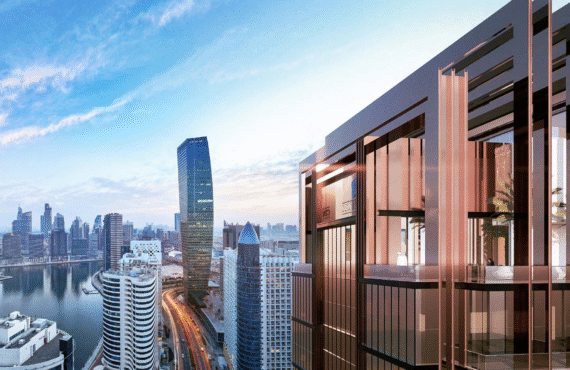 Modern balcony overlooking city skyline at sunrise