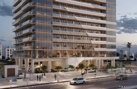 Main facade of Floarea Oasis residential building in Dubailand