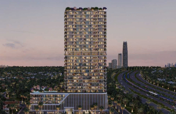 Interstellar tower with rooftop garden and curved podium design at dusk