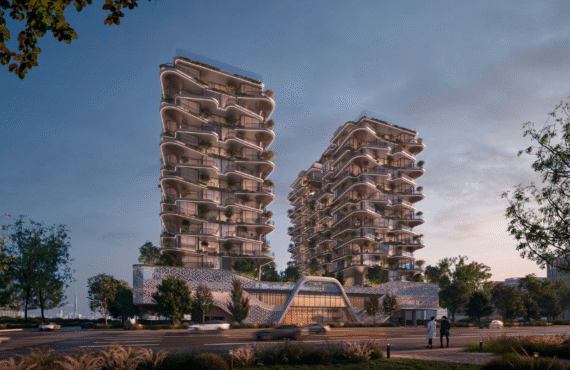 Exterior view of Serenique Treppan’s modern architecture with coastal backdrops