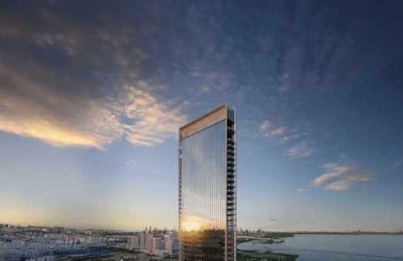 Luxury tower facade with glass balconies and skyline views