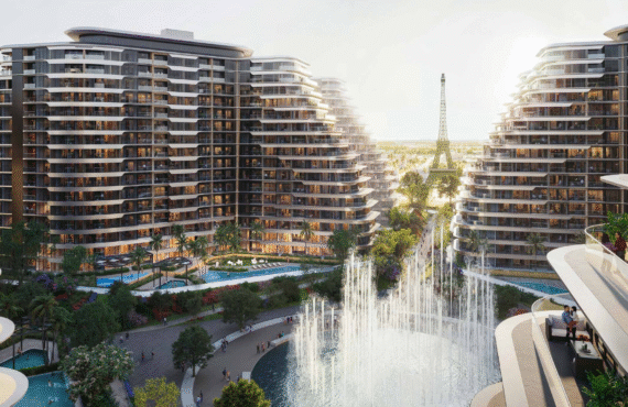 Resort-style apartment buildings with water features and landscaped walkways at WAADA – Rayhan 1