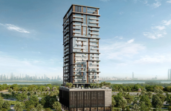 A striking architectural rendering of the Riverton House high-rise, showcasing its modern design on the Meydan Horizon lagoonfront .
