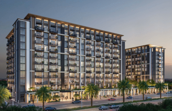 Evening view of Windsor House residential towers with lit balconies