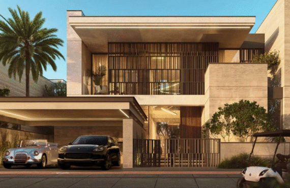 Modern villa exterior at Ashwood Estates, featuring a covered carport with luxury cars, and a person with a bicycle.