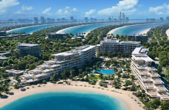 The modern architecture of Palm Central Private Residences, situated on a crescent beach with ocean views and lush landscaping.