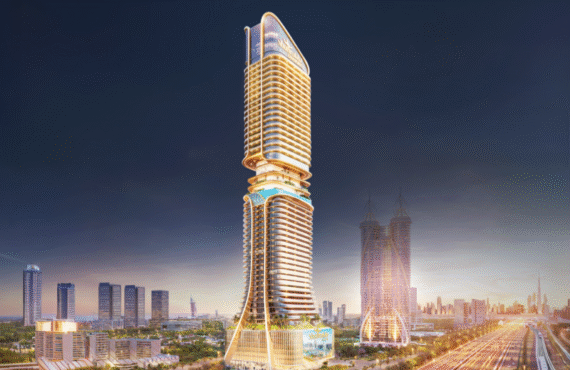 The iconic Shahrukhz by Danube commercial tower, with its distinctive architecture, overlooking Sheikh Zayed Road and the Dubai skyline.