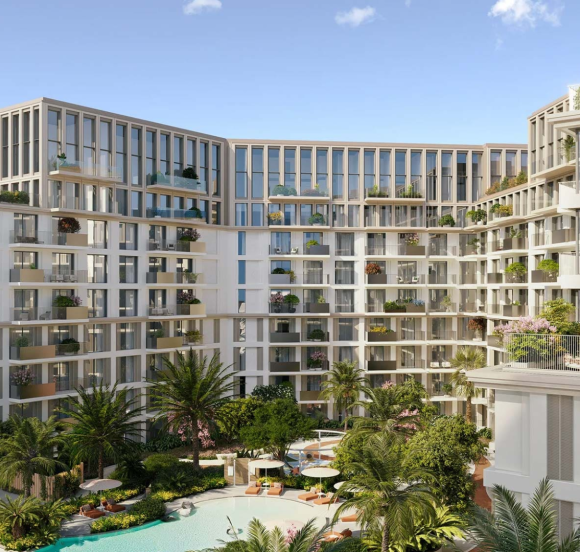 Contemporary mid-rise residential towers with sunset view