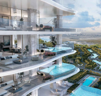 Luxury building with private pools and city views.