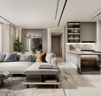 Spacious living room with open layout and stunning cityscape views