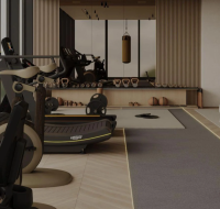 Fully equipped modern gym with floor-to-ceiling windows .