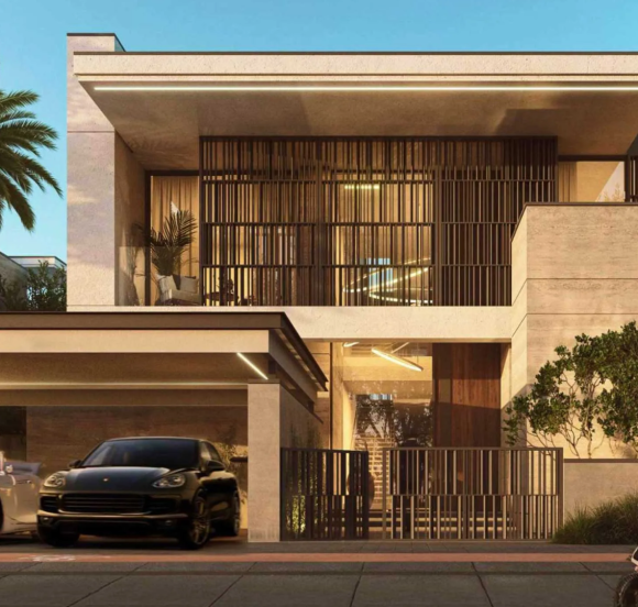 Modern villa exterior at Ashwood Estates, featuring a covered carport with luxury cars, and a person with a bicycle.