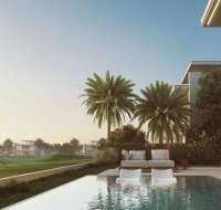 Outdoor lounge area with a swimming pool, palm trees, and a couple standing near the patio.