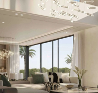 Expansive living room with high ceilings, large windows, modern chandeliers, and elegant seating.