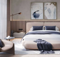 Modern bedroom at Ashwood Estates with a neutral-toned bed, abstract artwork, and floor-to-ceiling windows.