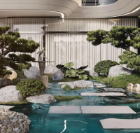 Zen-inspired garden with stepping stones over water, bonsai-style trees, decorative rocks, and artistic sculptures