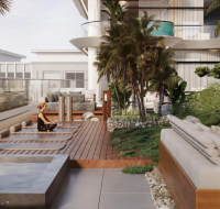 An artistic rendering of a tranquil zen garden, a space for residents to meditate and relax .