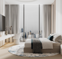 Living room with large windows in Binghatti Circle.