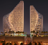 Twin high-rise towers with curved design and rooftop greenery