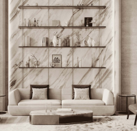 Calm and cozy apartment space with warm color palette and artistic wall décor