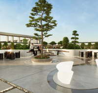 Outdoor relaxation area with greenery and circular benches