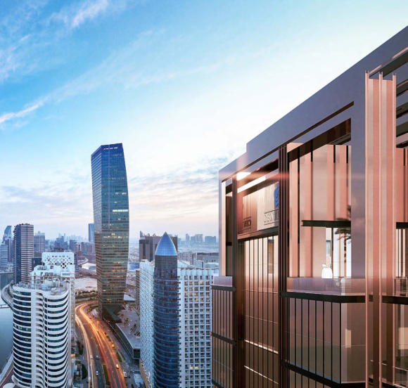 Modern balcony overlooking city skyline at sunrise