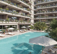 The central swimming pool and sun deck amenity area at California Residences.