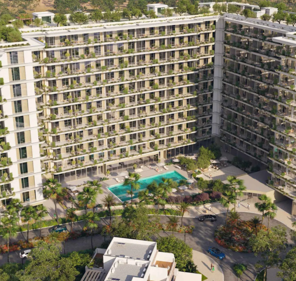 The exterior of California Residences, featuring tiered balconies with greenery and a landscaped entrance.