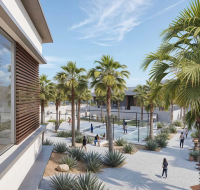 Residential community amenities featuring sports courts, a swimming pool, and sun loungers.