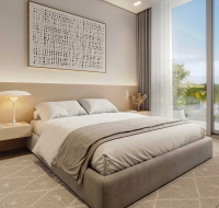 Contemporary master bedroom featuring an abstract art piece, wood flooring, and light-toned walls.