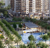 Children’s play zone with shaded benches in a residential complex
