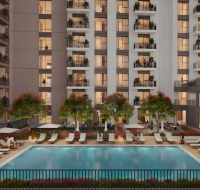 Central pool deck surrounded by loungers and Camden apartments