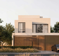 A modern outdoor lounge area overlooking a grassy field, with a flat roof and a green roof.