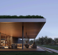 The elegant facade of a residential home, featuring clean lines, a sports car, and a well-maintained front yard.