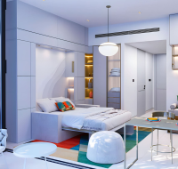 Stylish furnished living room with skyline view