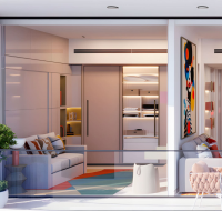 Stylish apartment interior with an open-plan living area, modern decor, and balcony views