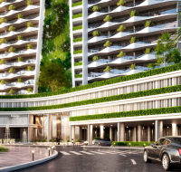 Illuminated residential high-rise against the serene coastline