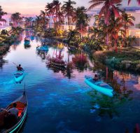 A beautiful, illuminated residential canal at sunset with people kayaking and riding in gondola-style boats.