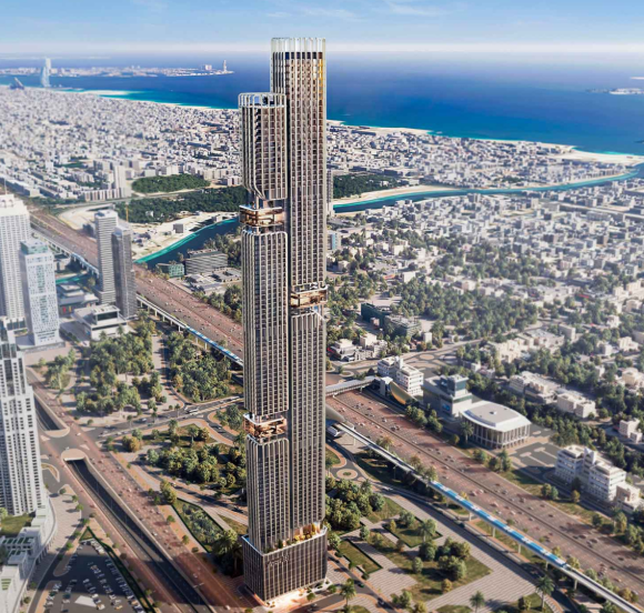 Modern DWTN Residences building tower against an urban city skyline backdrop