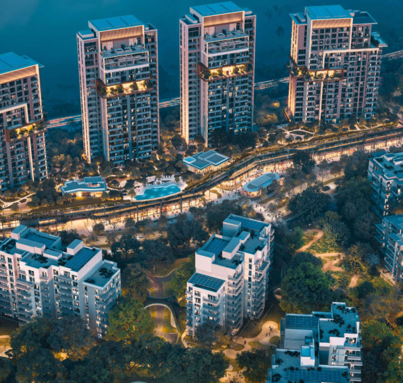 modern residential complex with multiple high-rise buildings, green spaces, and a pool