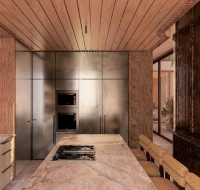 Luxury kitchen interior with marble countertops, a central island, and sleek, modern appliances.