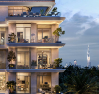 A modern residential building with tiered balconies and lush greenery, overlooking a city skyline at dusk.