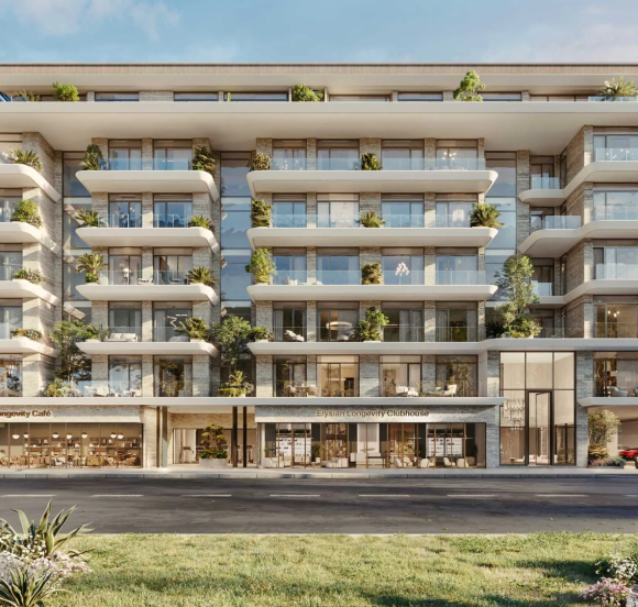 The exterior of Emerge Residences in Meydan City, showing its modern architecture and integrated retail spaces.