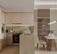Modern kitchen with beige, handleless cabinets, built-in appliances, and a seamless dining area.