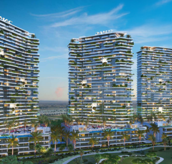 Modern facade of Golf Greens Tower 2 at DAMAC Hills, Dubai