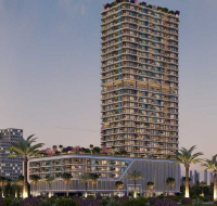 Modern high-rise tower with rooftop greenery and warm evening lighting