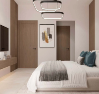 Master bedroom with large windows and a clean, minimalist design