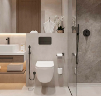 Modern bathroom with a walk-in shower, floating vanity, and black fixtures