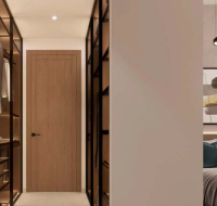 Modern bedroom with closet and stylish artwork