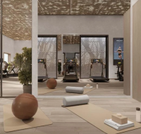 Modern fitness studio at AHS Luxury Office Tower with exercise equipment and yoga mats.